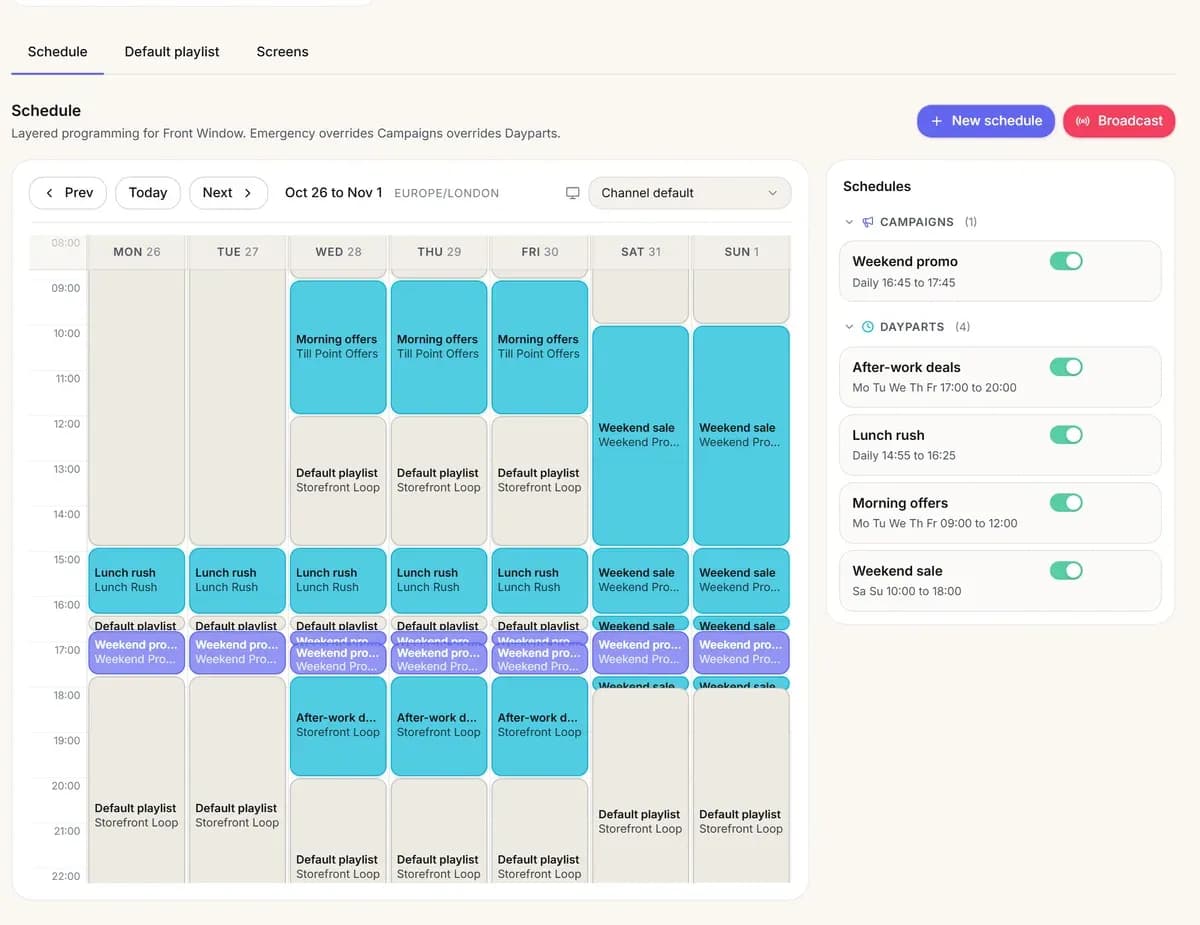 Screenflex channel schedule with weekday and weekend dayparts